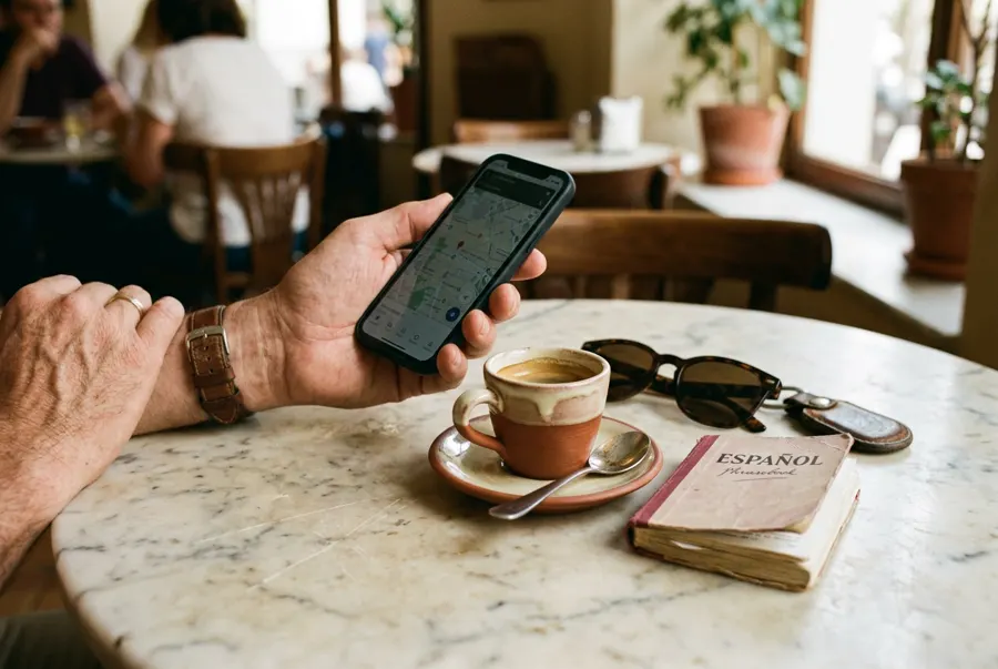 A phone and a Spanish phrasebook beside an espresso on a marble café table