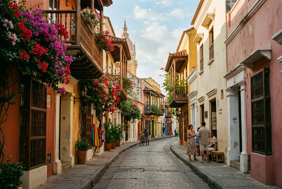 A colourful colonial street with bougainvillea in Cartagena, Colombia