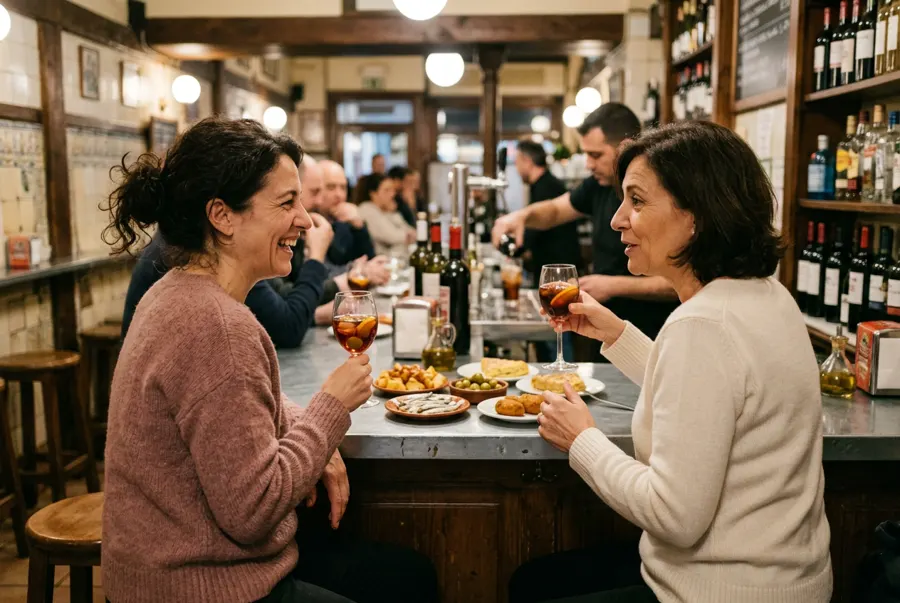 Two friends chatting over tapas at a Madrid bar counter