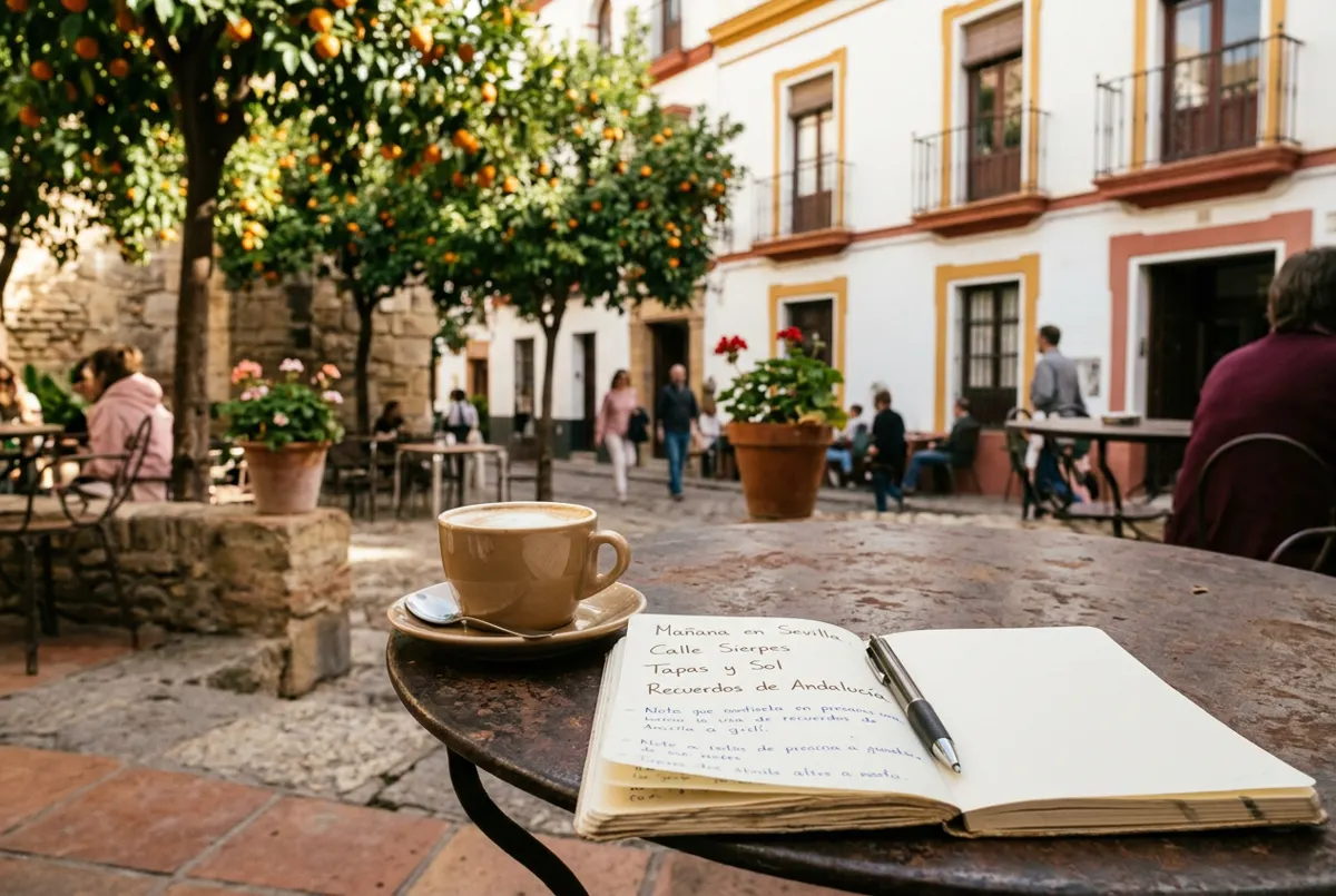 A café con leche and a notebook of Spanish phrases on a terrace table in Sevilla